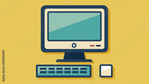 A stylized illustration of a computer monitor paired with a server rack and a mouse isolated on white background, Vector