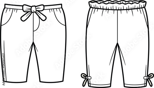 Kids shorts front and back flat vector illustration with drawstring waistband for children casual clothing fashion design template