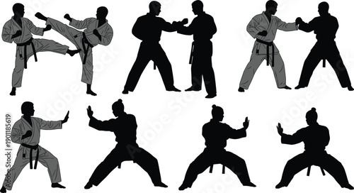 Silhouette, karate, martial, arts, fighters, collection, sparring, training, poses, self, defense, combat, stances, isolated, white, background, fitness, discipline, strength, illustration