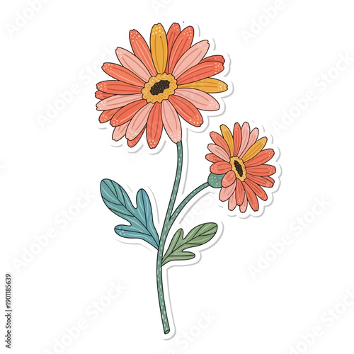 Colorful Illustrated Flower with Pink and Orange Petals