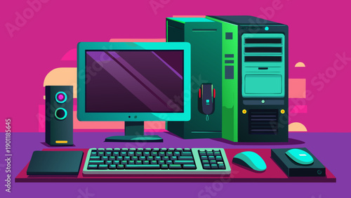 Modern gaming setup featuring powerful computer hardware and peripherals isolated on white background, Vector