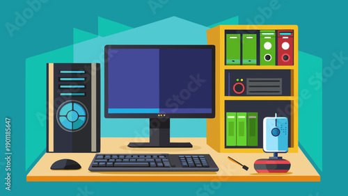 Modern home office setup featuring computer hardware and accessories isolated on white background, Vector