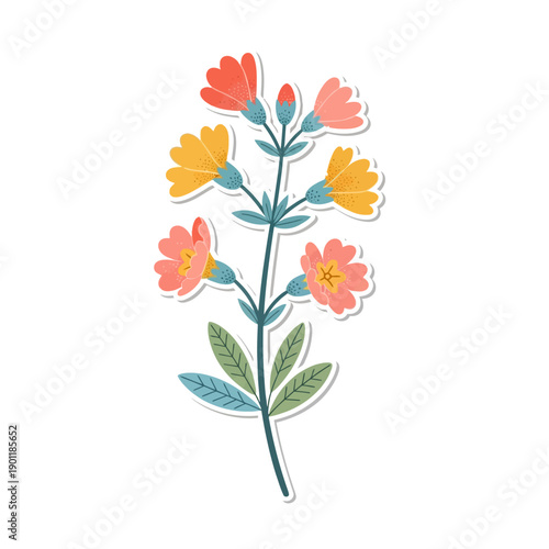 Colorful Illustrated Flower Branch with Pink Yellow and Blue Blooms