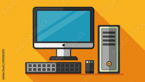Modern desktop computer setup with monitor, tower, keyboard, and mouse isolated on white background, Vector