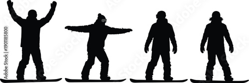 Snowboarder silhouettes in different riding poses, winter sport action concept, snowboarding lifestyle illustration isolated on white background