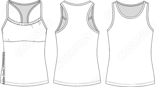 Women Activewear Tank Top Vector Illustration with Racerback Design and Ruffled Neckline Detail Front and Back View Technical Flat Fashion Sketch Template for Design