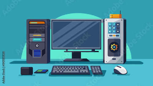 Modern computer setup with multiple monitors and gaming peripherals isolated on white background, Vector