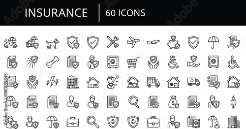 Insurance line icons set with protection coverage finance health property vehicle risk management symbols for web app interface ui and corporate design