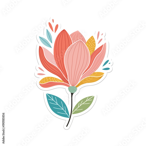 Stylish Hand drawn Botanical Flower Illustration with Colorful Leaves