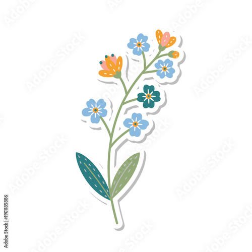 Colorful Digital Illustration of a Blossoming Flower Branch