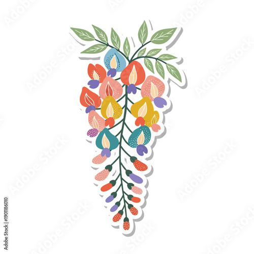 Colorful Illustration of Flowering Branch with Bright Dried Flowers and Green Leaves