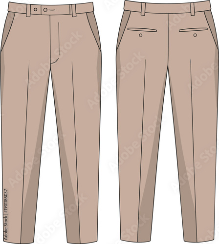 Mens dress trousers front and back flat vector template for formal casual apparel fashion design technical illustration mockup