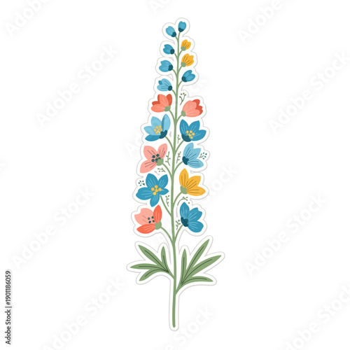 Colorful Botanical Illustration of a Flowering Plant with Blue Pink and Yellow Flowers