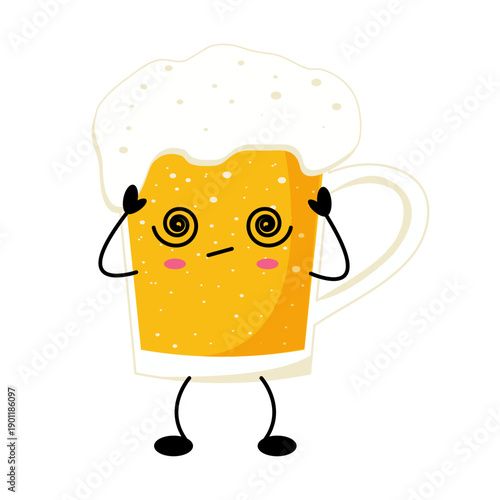Funny kawaii beer mug character with foam and emotions.