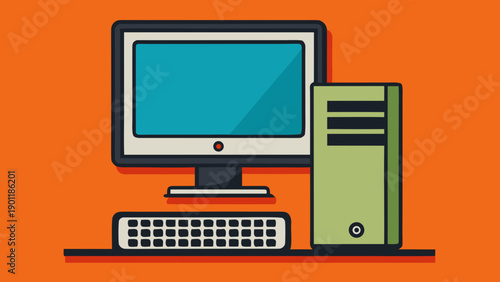 Illustration of a desktop computer setup with monitor and tower isolated on white background, Vector