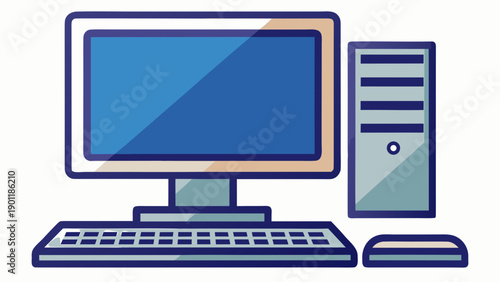 Modern desktop computer setup with monitor, cpu, and keyboard isolated on white background, Vector