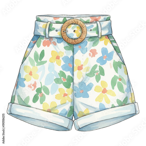 Summer Watercolor High Waist Shorts Vector Illustration Isolated on White Background
