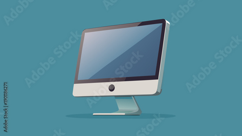 Modern desktop computer monitor on a sleek glass stand against a teal background isolated on white background, Vector