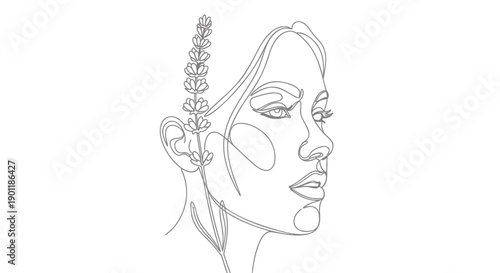 Continuous line drawing of woman's face with flowers in hair, minimalist illustration for poster or banner