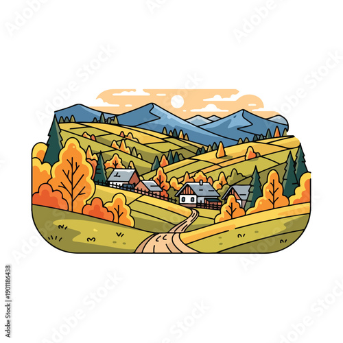 Rural landscape with houses, trees, and mountains under a cloudy sky from an aerial viewpoint eps file pektor606