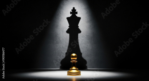 Golden pawn chess piece casting a royal king shadow under spotlight on dark background
