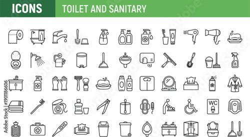 Toilet and sanitary line icons set featuring bathroom hygiene accessories plumbing symbols cleaning tools for web app interface design