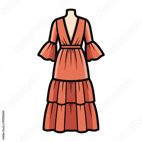 A vibrant orange dress with ruffled layers and bell sleeves displayed on a mannequin from a front view