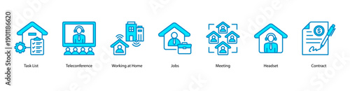 Virtual Collaboration web banner vector illustration featuring Task List, Teleconference, Working at Home, Jobs, Meeting, Headset, and Contract.