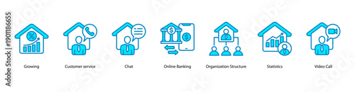 Online Services web banner vector illustration featuring Growing, Customer service, Chat, Online Banking, Organization Structure, Statistics, and Video Call.