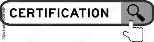 Search banner in word certification with hand over magnifier icon on white background