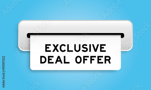 White coupon banner with word exclusive deal offer from machine on blue color background