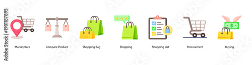 Buying Process web banner vector illustration featuring Marketplace, Compare Product, Shopping Bag, Shopping, Shopping List, Procurement, and Buying.