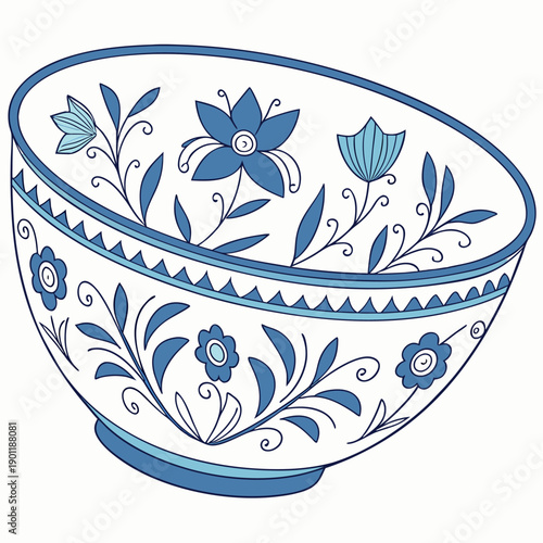 Minimal hand-drawn ceramic bowl with blue floral patterns,