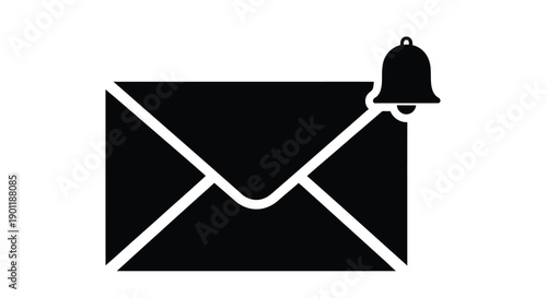 A black and white icon depicting an envelope with a notification bell on top
