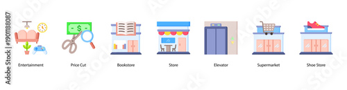 Retail Stores web banner vector illustration featuring Entertainment, Price Cut, Bookstore, Store, Elevator, Supermarket, and Shoe Store.