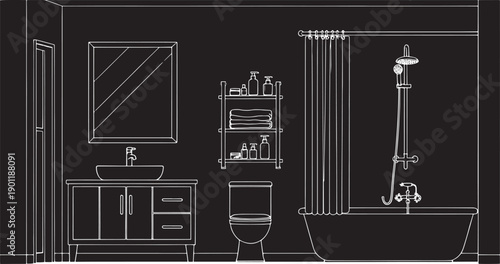 A minimalist illustration presents a modern bathroom interior, showcasing its essential elements in a clean, uncluttered style. 