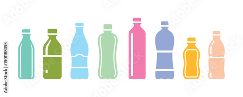a group of simple icons illustrating a rectangular bottle for drinks on a white canvas