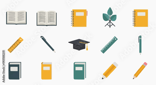 Collection of educational icons including books, notebooks, stationery, and graduation cap on a clean white background depicted in a flat design style from a straightforward viewpoint.