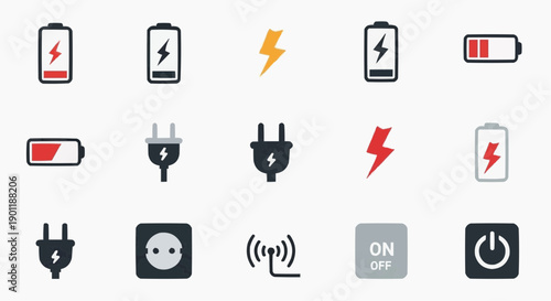 Collection of electrical icons representing power sources and devices in a grid layout on a clean background
