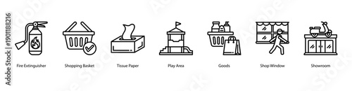 Store Goods web banner vector illustration featuring Fire Extinguisher, Shopping Basket, Tissue Paper, Play Area, Goods, Shop Window, and Showroom.