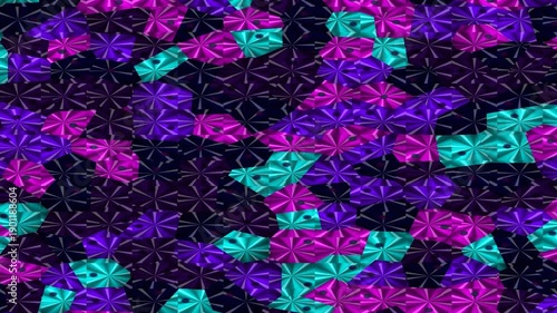 Abstract pattern of colorful geometric shapes in vibrant shades of purple, teal, and black