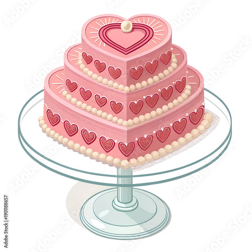 A sweet pink celebration cake with a cherry on a white background, featuring cream decoration and bakery styling for a happy birthday, wedding, or anniversary party illustration vector