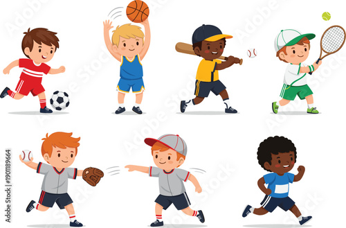 Vector illustration set of diverse children participating in various sports including soccer, basketball, baseball, tennis, and running 
