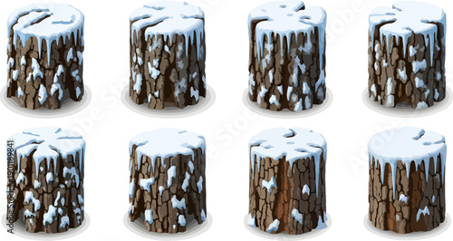 wooden log stumps with snow