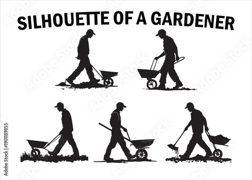 Man Gardening Silhouette with Wheelbarrow Vector