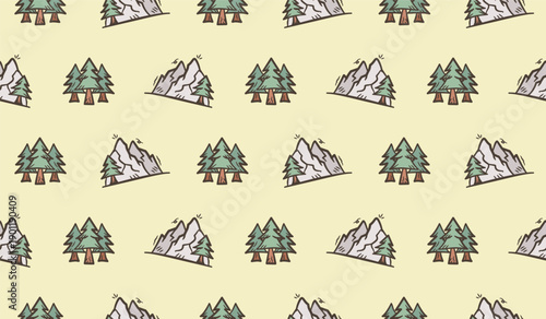 Camping doodle background. Doodle camping pattern background. Adventure seamless pattern background. Hiking hand drawn seamless pattern with mountain and pine forest.
