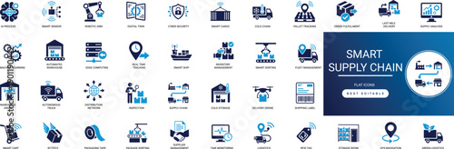 smart supply chain solid icon set logistics, shipping, tracking, shipment, gps, iot, global, navigation, distribution, automation, digital, warehouse professional vector set editable