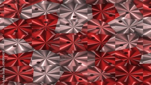 A vibrant abstract pattern featuring red and silver metallic textures and shapes