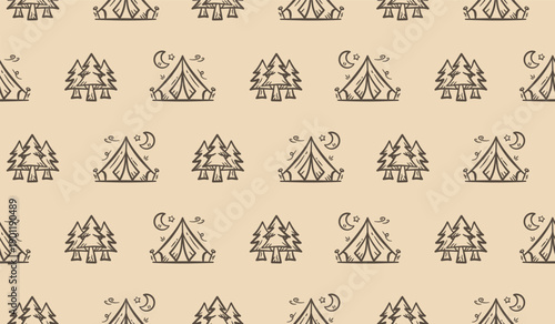 Camping doodle background. Doodle camping pattern background. Adventure seamless pattern background. Hiking hand drawn seamless pattern with tent and pine forest.