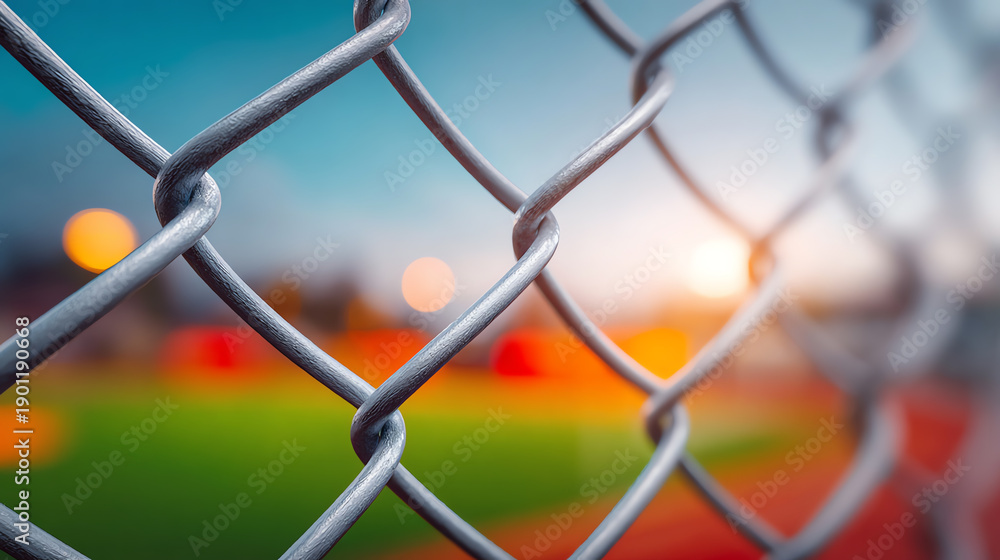 Fototapeta premium Close-up shot of a metal chain-link fence with a blurred sports field in the background during sunset. Ideal for sports themes.